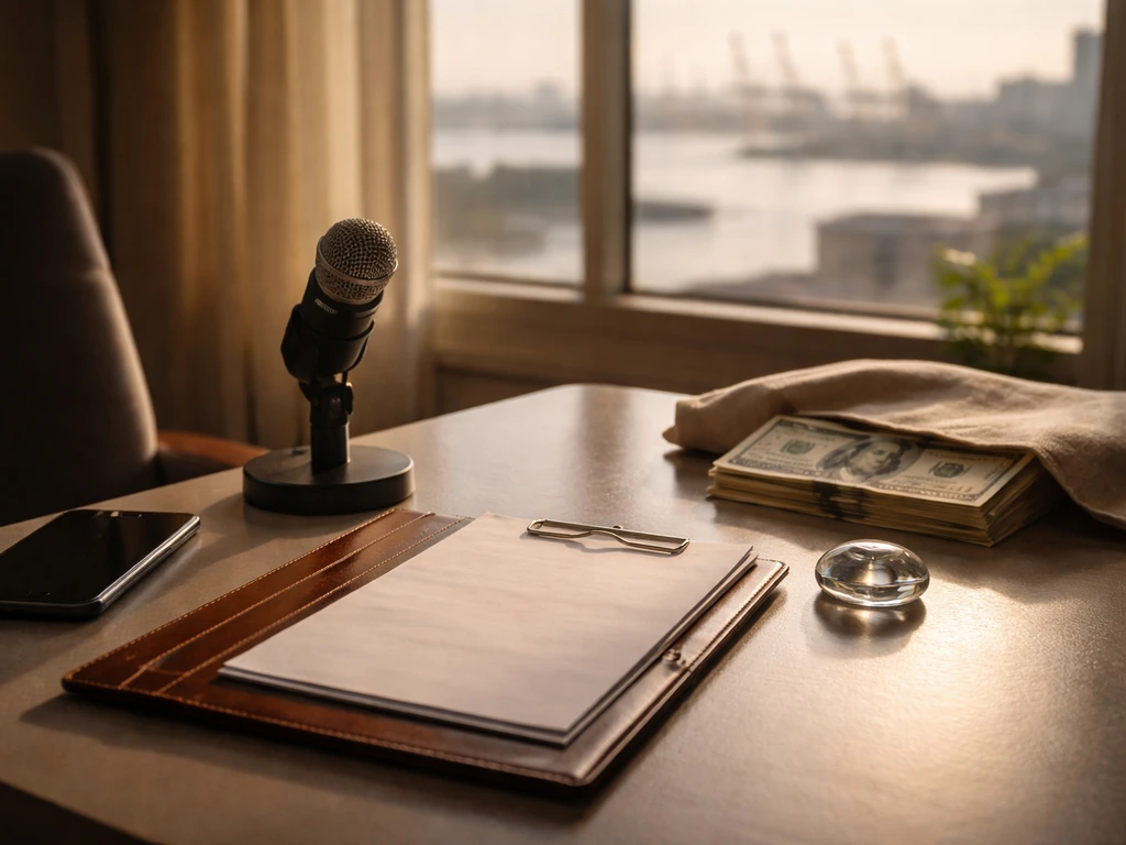 Minimal desk scene with camera gear and currency-themed lighting, symbolizing media, assets, and estimation reasoning.