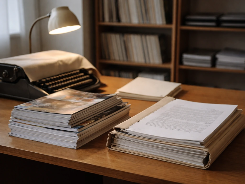 Minimal newsroom scene with magazine stacks and a desk where publishing could generate revenue