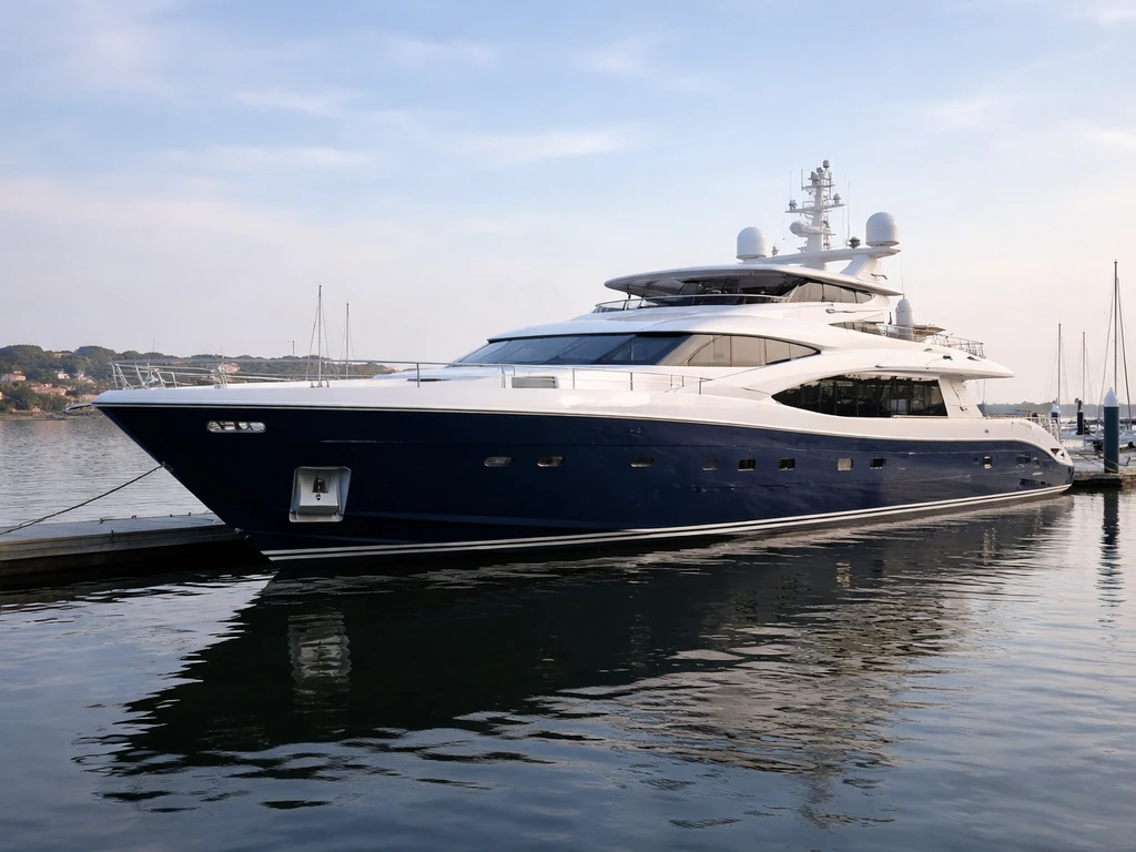 Large luxury yacht moored at a quiet marina, emphasizing its size and upscale lifestyle.