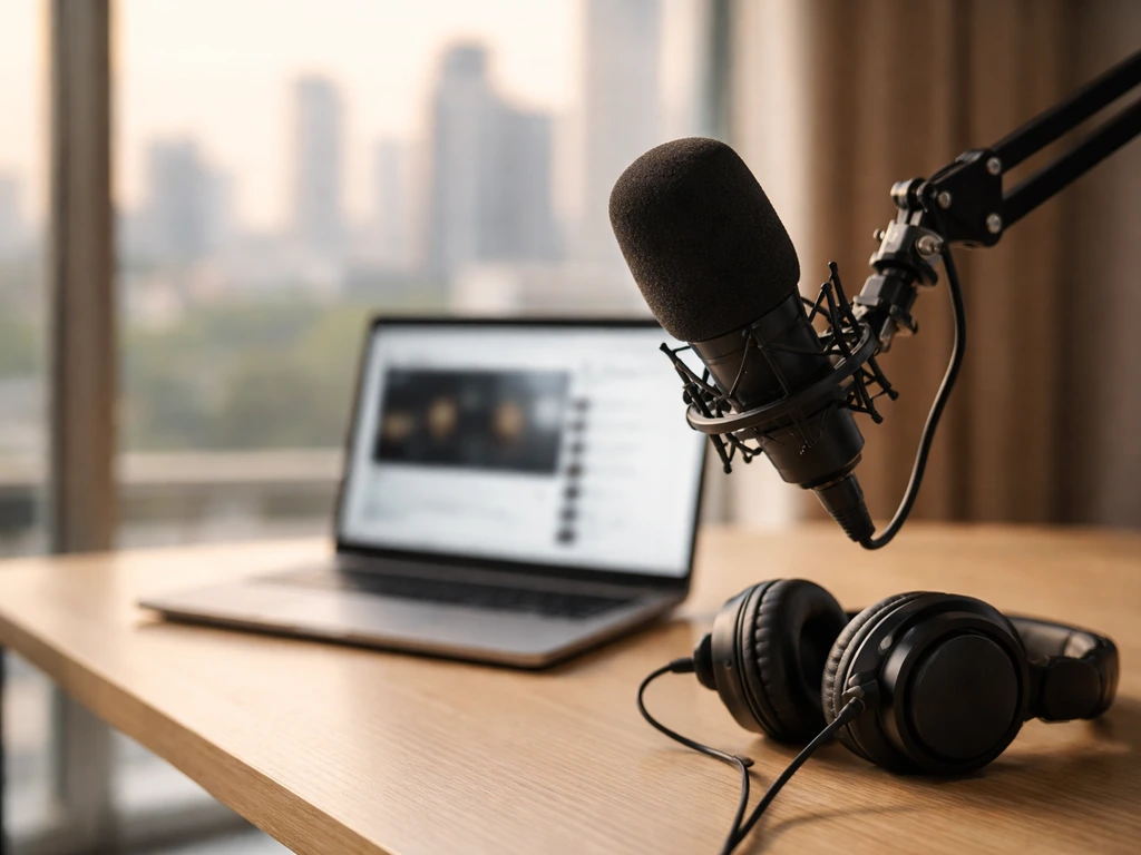 Anonymous live-stream desk with microphone and headphones near a laptop and window skyline.