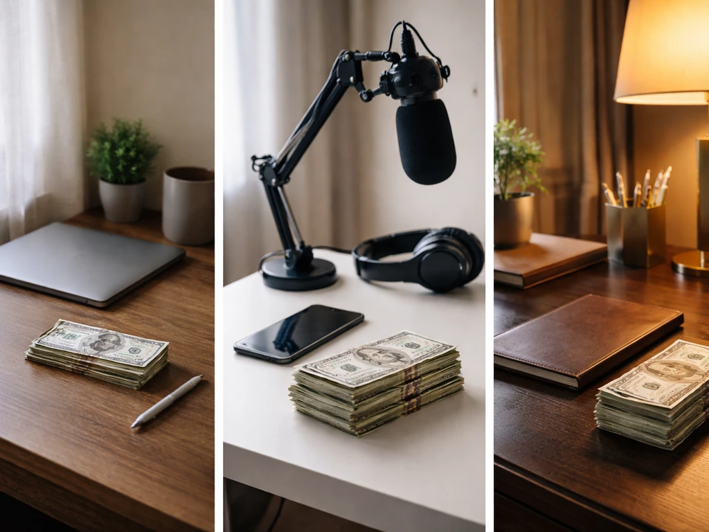 Three-panel photo showing modest, standard, and upscale workspaces with increasing stacks of cash and a mic.