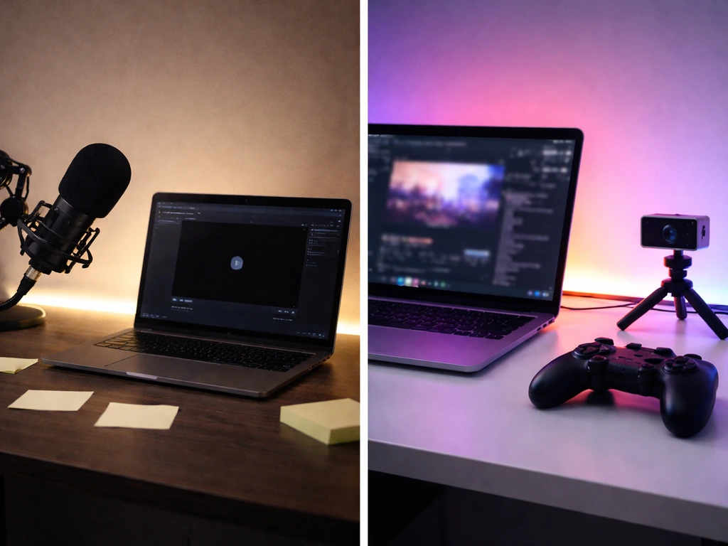Split desk scene showing a creator studio setup with microphone on one side and an anonymous streaming setup on the othe