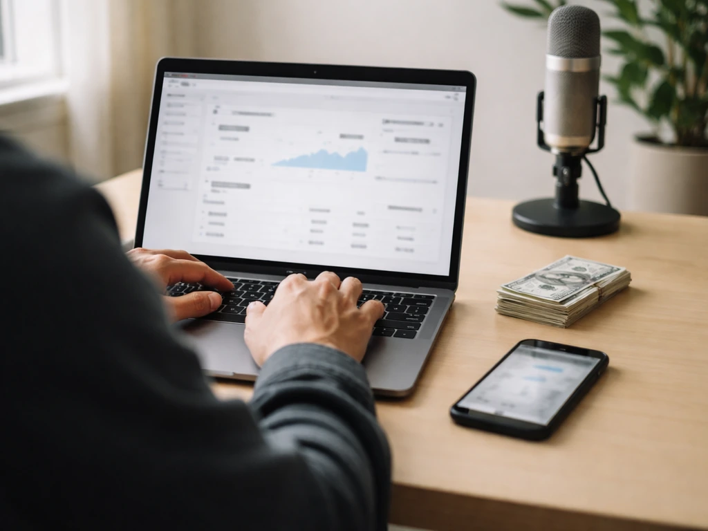 Person at a desk reviewing estimated earnings on a laptop, with studio and money symbols nearby.