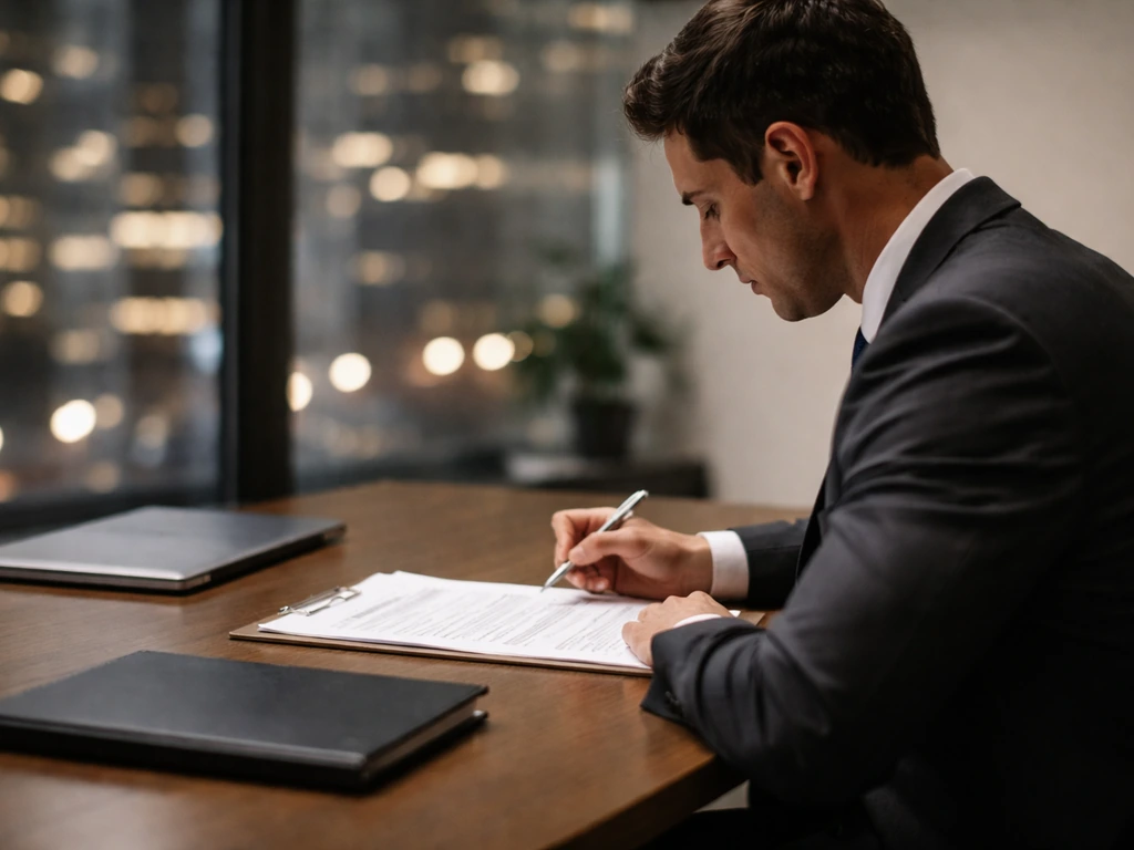 Anonymous attorney in a New York law office reviewing papers at a desk with city light bokeh
