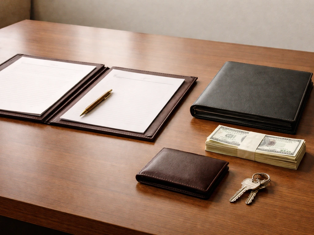 Minimal photo of an equity partner’s wealth elements: law documents, a portfolio folder, and a small key on a desk.