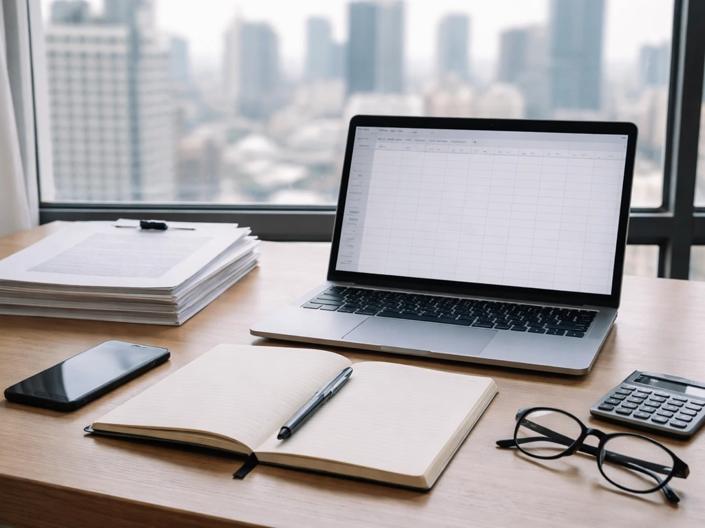 Minimal desk scene with documents, blank spreadsheet screen, calculator, and glasses symbolizing evidence-based estimati