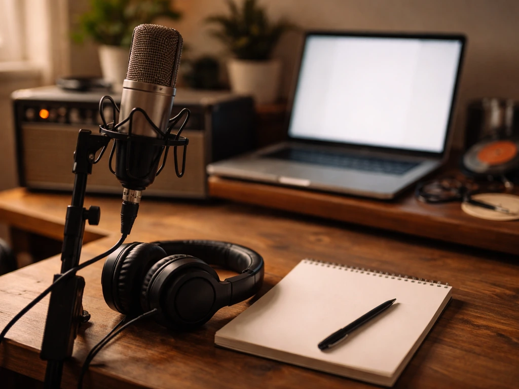 Minimal music studio desk with a microphone and headphones, suggesting media identity without showing anyone.