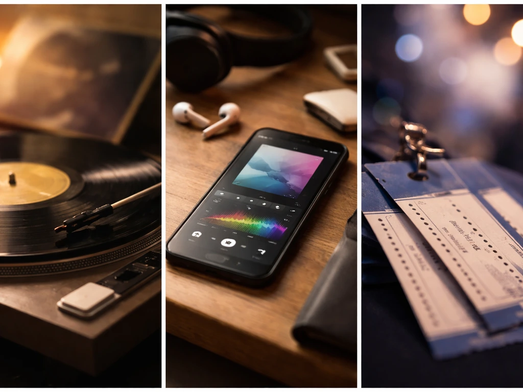 Minimal collage of vinyl album, streaming music screen glow, and a concert ticket blur—symbolizing music income channels