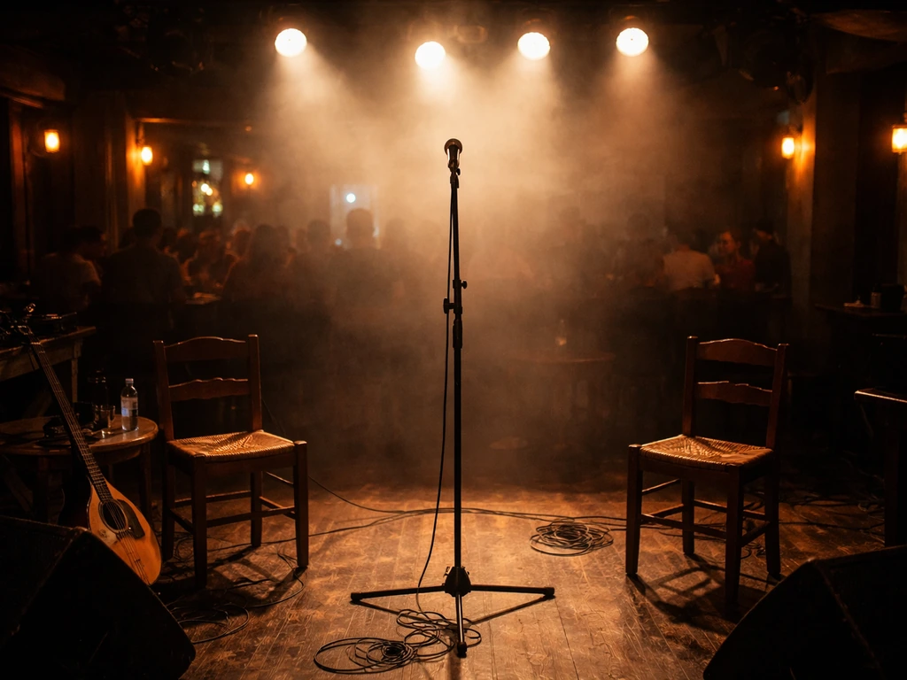 Empty bouzouki-style music stage at night with a microphone stand and warm lights, representing live performances.