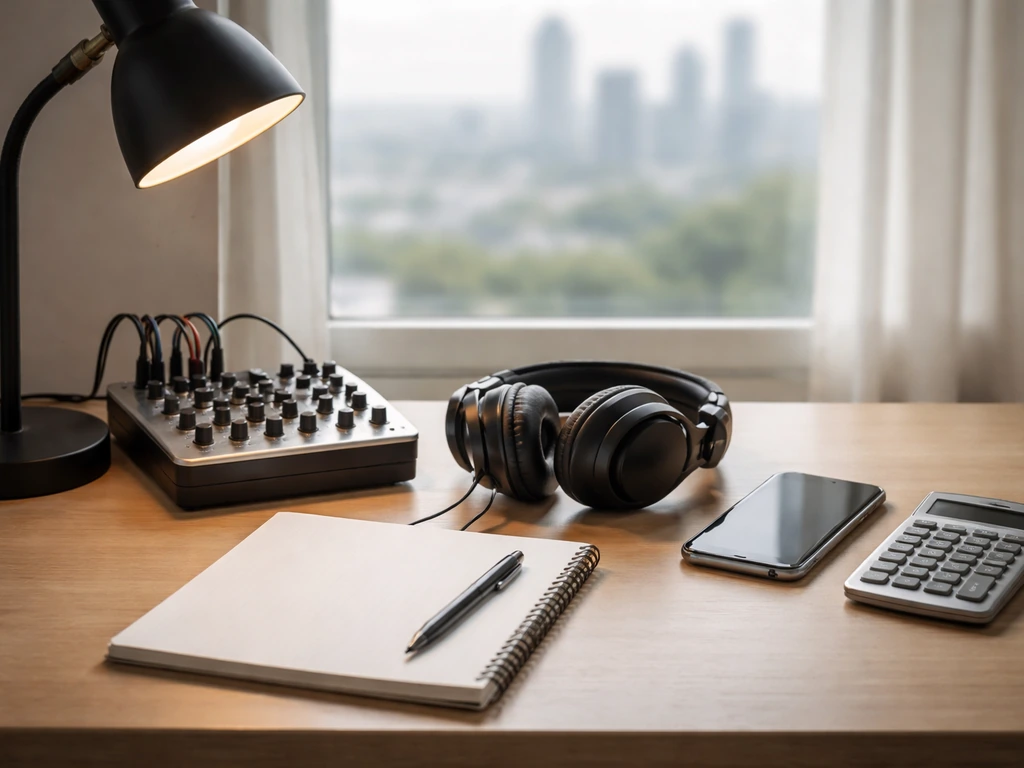 Minimal desk scene with calculator and studio media gear symbolizing step-by-step net-worth estimation