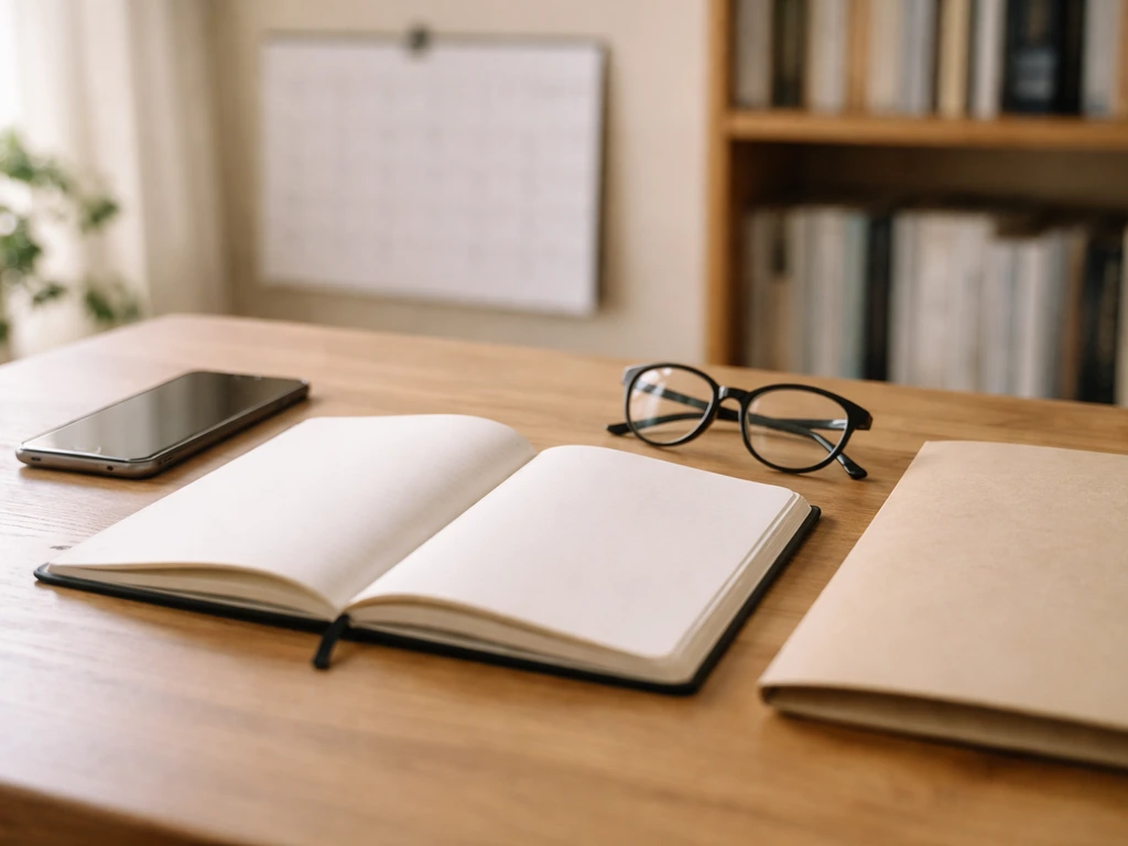 Desk with notebook, glasses, and phone suggesting careful verification of media and financial sources