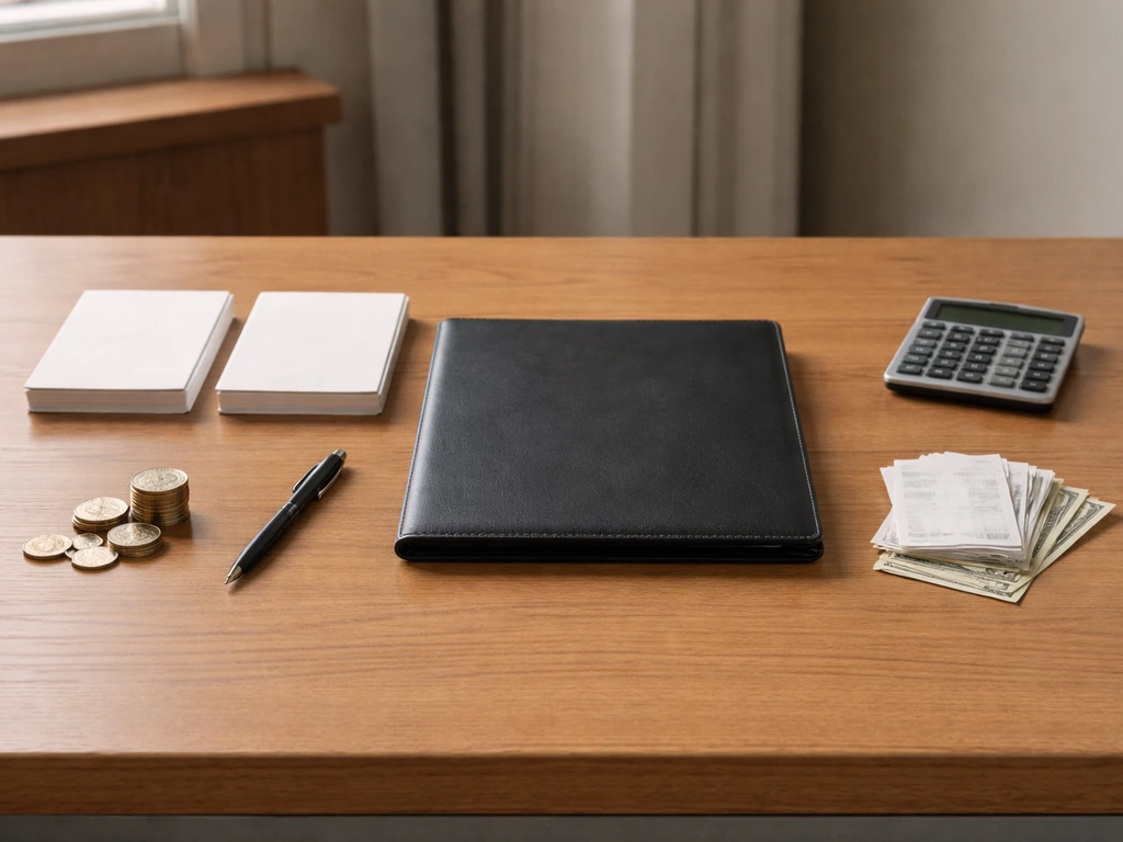 Minimal desk scene showing financial balance concept: scattered documents, pen, and a small calculator near a closed fol