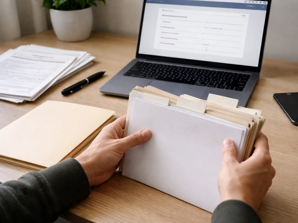 Close-up of hands filing business paperwork beside a laptop showing a blank records page, no readable text.