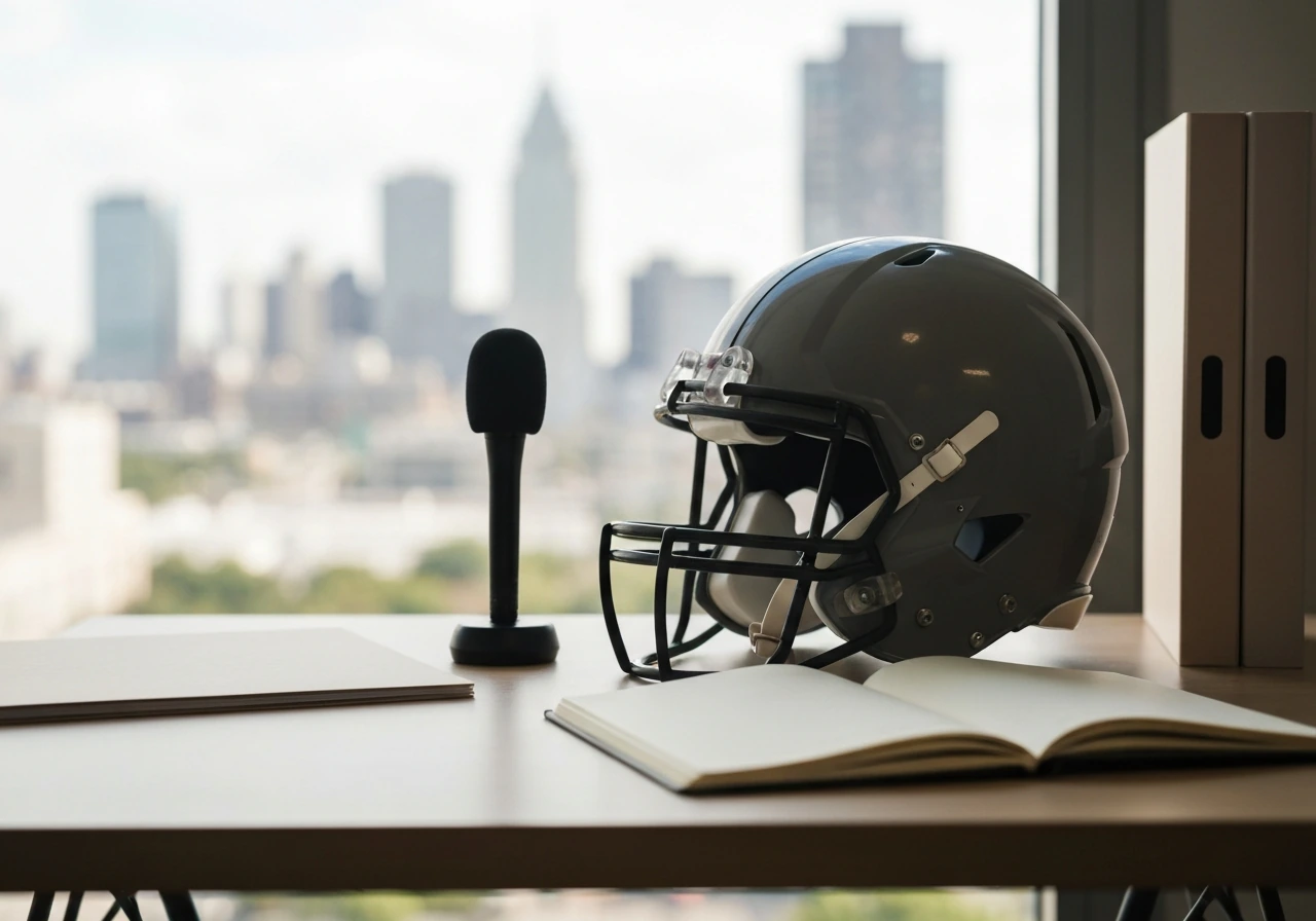 NFL-style football helmet and microphone on a desk, suggesting net worth research and media analysis