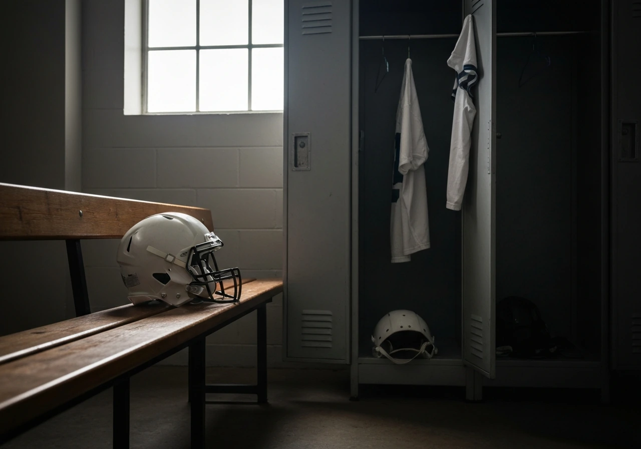 Minimal locker-room scene with a football helmet and shoulder pads on a bench, NFL-inspired mood.