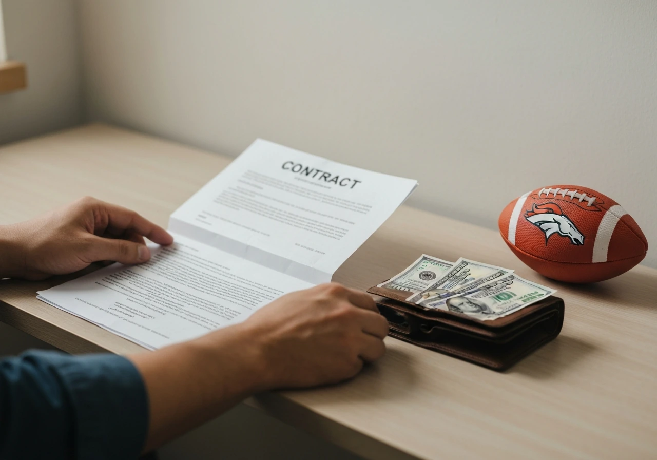Minimal close-up of an anonymous financial professional reviewing NFL contract documents beside a plain wallet.