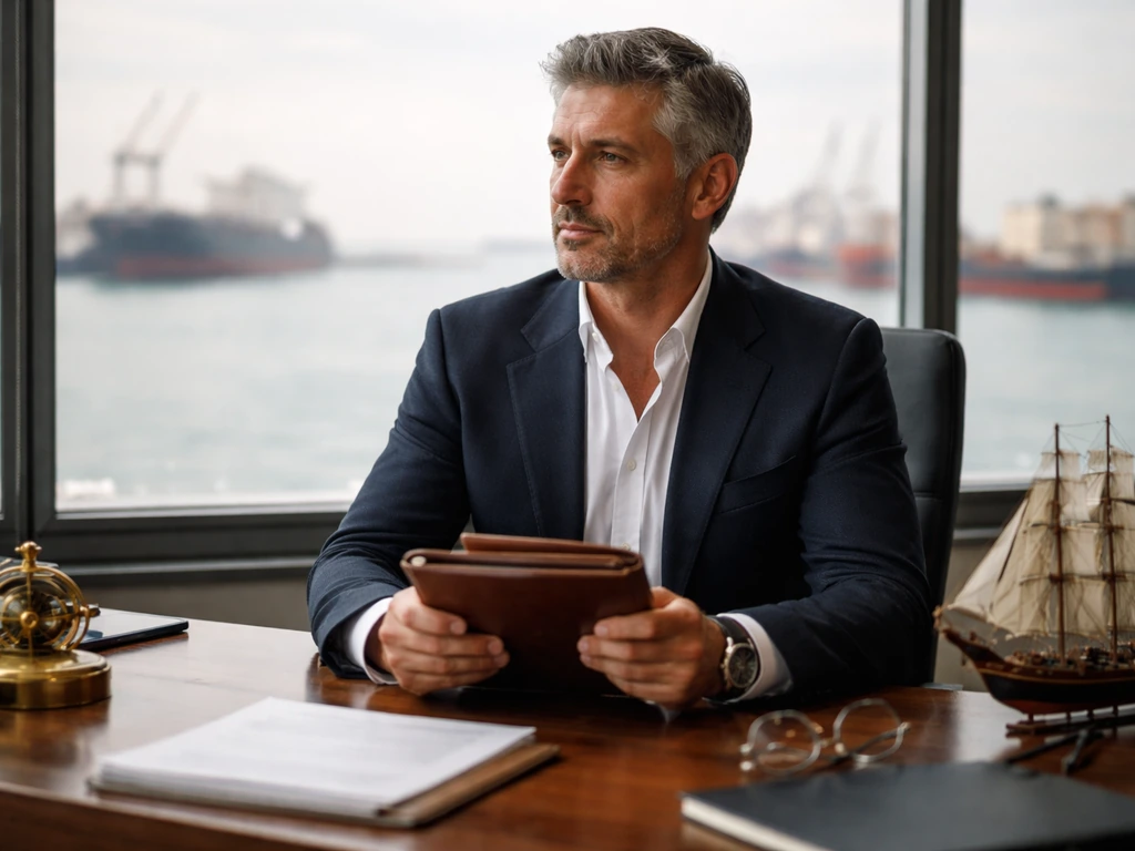 Anonymous shipping executive in a waterfront office with cargo ships visible through the windows