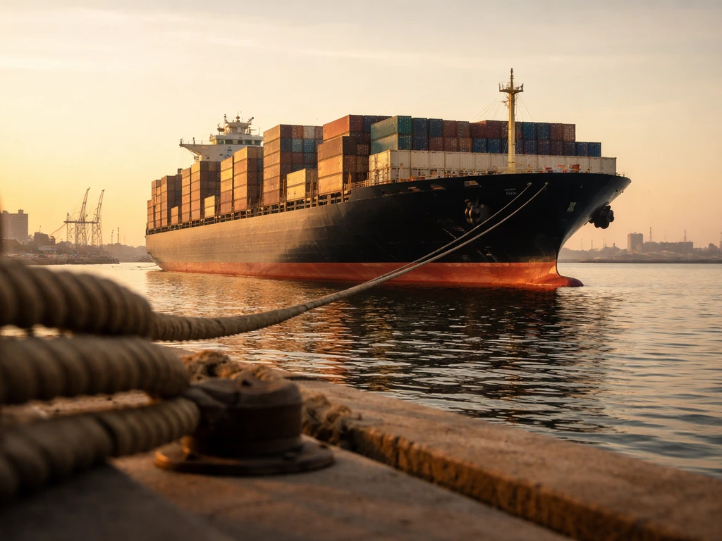 Container ship moored in a quiet harbor with minimal port cranes at golden hour.