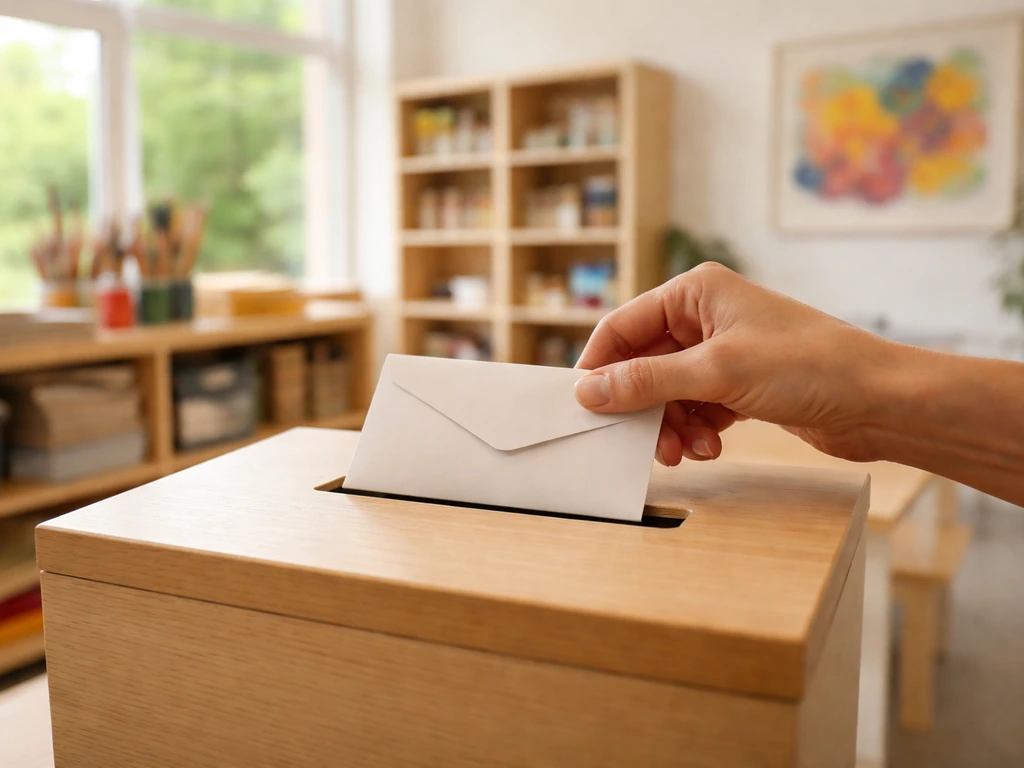 Anonymous hands placing a donation envelope in a community center drop slot, with arts and education cues.