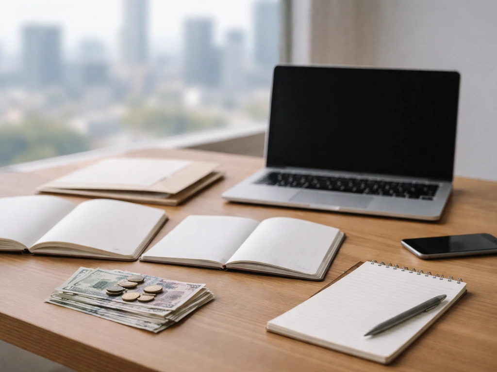 Minimal desk with laptop, blank notebooks, and money, suggesting differing estimate sources.