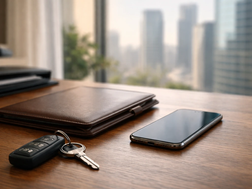 Minimal photo of a business desk with a smartphone, keys, and a blurred city skyline in daylight