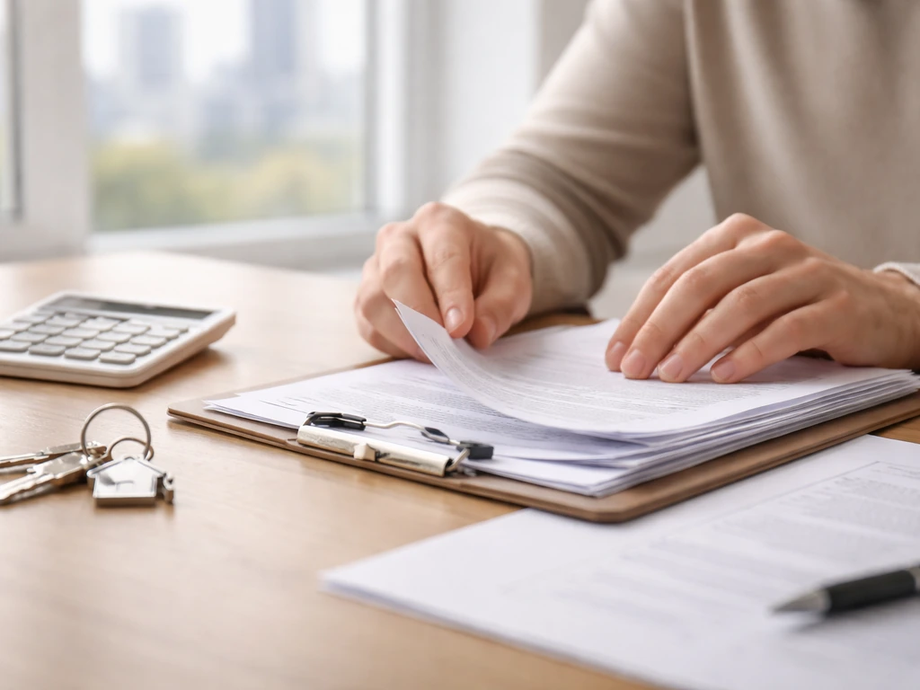 Minimal photo of a person reviewing property documents at a desk with a calculator and keys