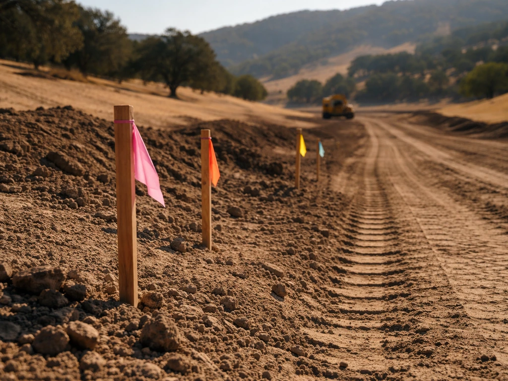 Close-up of sunlit construction grading near a California hillside, showing land-development work and stakes.