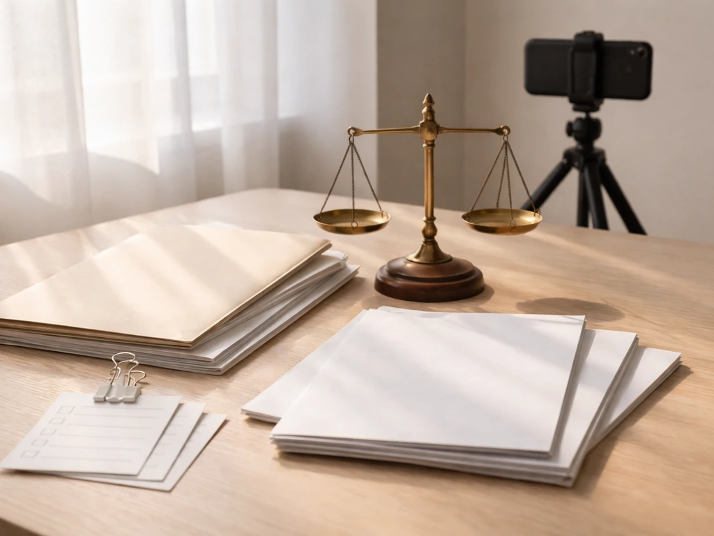 Minimal desk scene showing source reliability concept with icons-like objects and a balanced scale