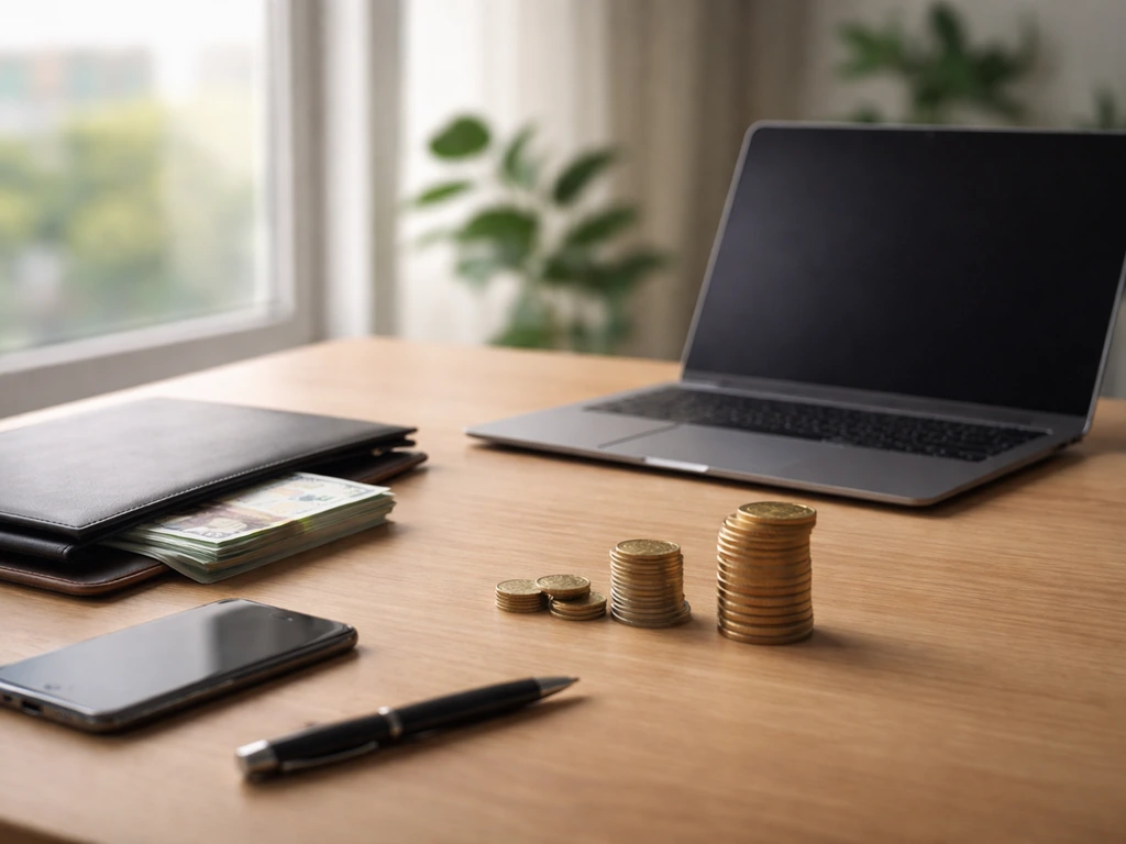 Minimal photo of a banker’s desk with a laptop, cash, and a range-like spread of coins suggesting wealth bands
