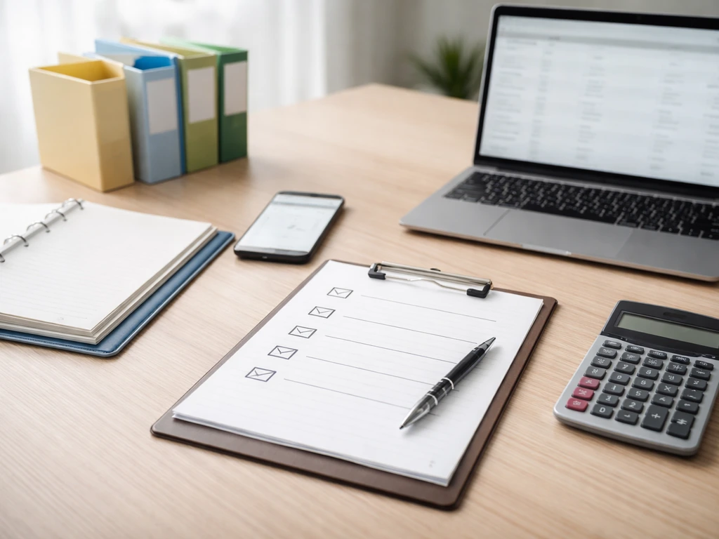 Desk with blank checklist and documents showing verification steps for business net worth estimates.