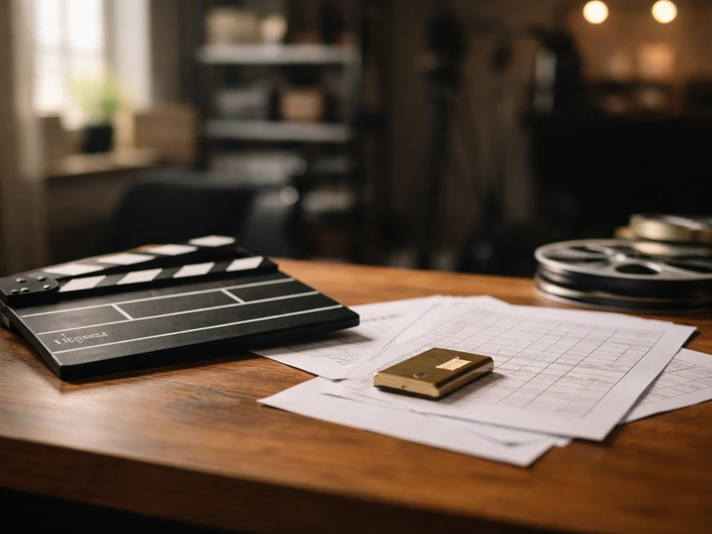 Empty film production office desk with movie clapperboard and prop checklists, evoking earnings and industry finance