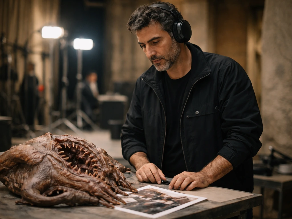Patrick Tatopoulos on a quiet film set, wearing a headset and observing behind-the-scenes props
