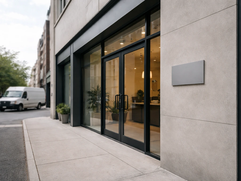 Sunlit studio exterior with a modern entrance and a subtle production-facility vibe