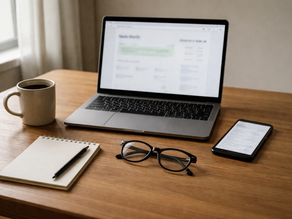 Laptop desk scene with blurred “net worth” website and phone glow, suggesting verifying an online estimate.