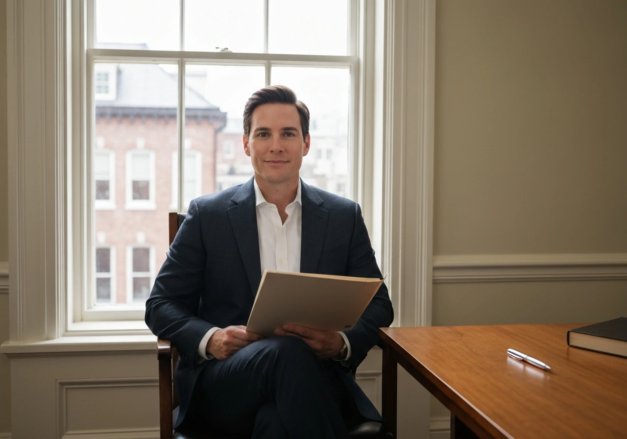 Anonymous attorney in a Charleston law office by a window, holding a folder, warm natural light portrait.