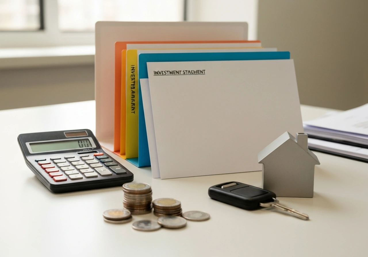 Calculator, folders, blank statements, coins, and a small home token on a desk symbolizing assets minus liabilities.