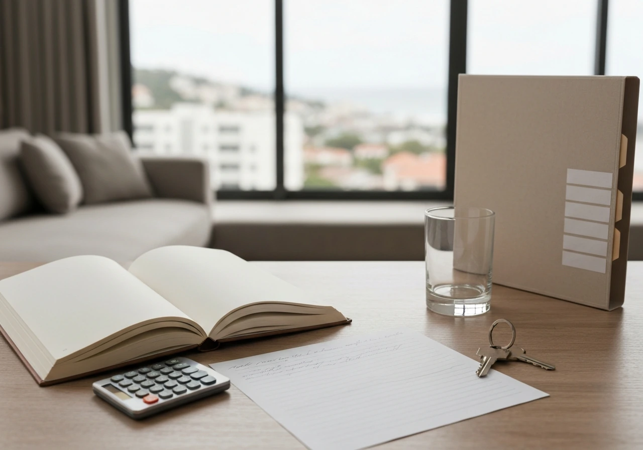 Minimal desk scene with open notebook, calculator, and house key near a soft city view.