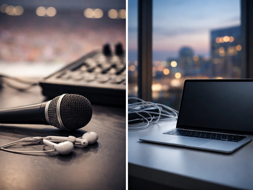 Split image: microphone and earbuds on one side, tech office laptop and city lights on the other.