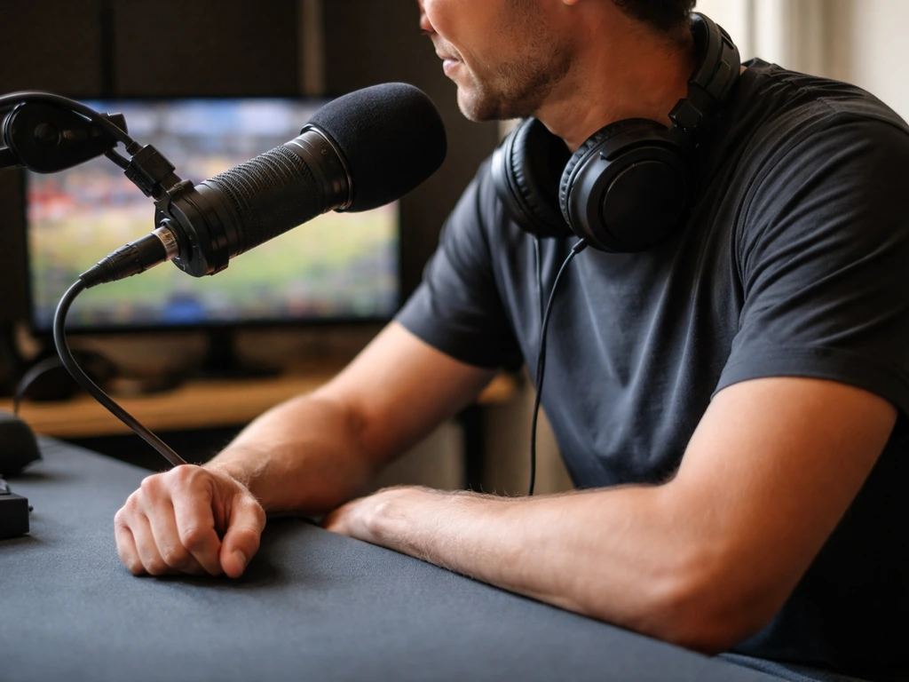 Sports media host at a small studio desk with a microphone, headset, and a dim TV wall in the background