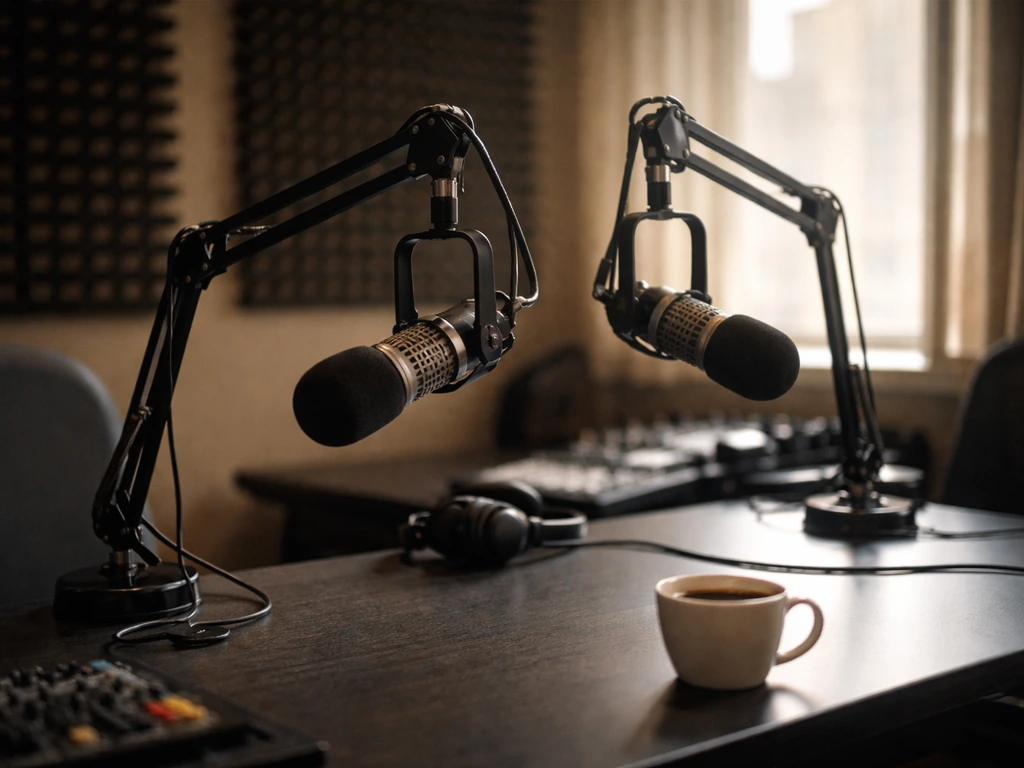 Empty radio studio with on-air microphones and acoustic panels, lit by natural light