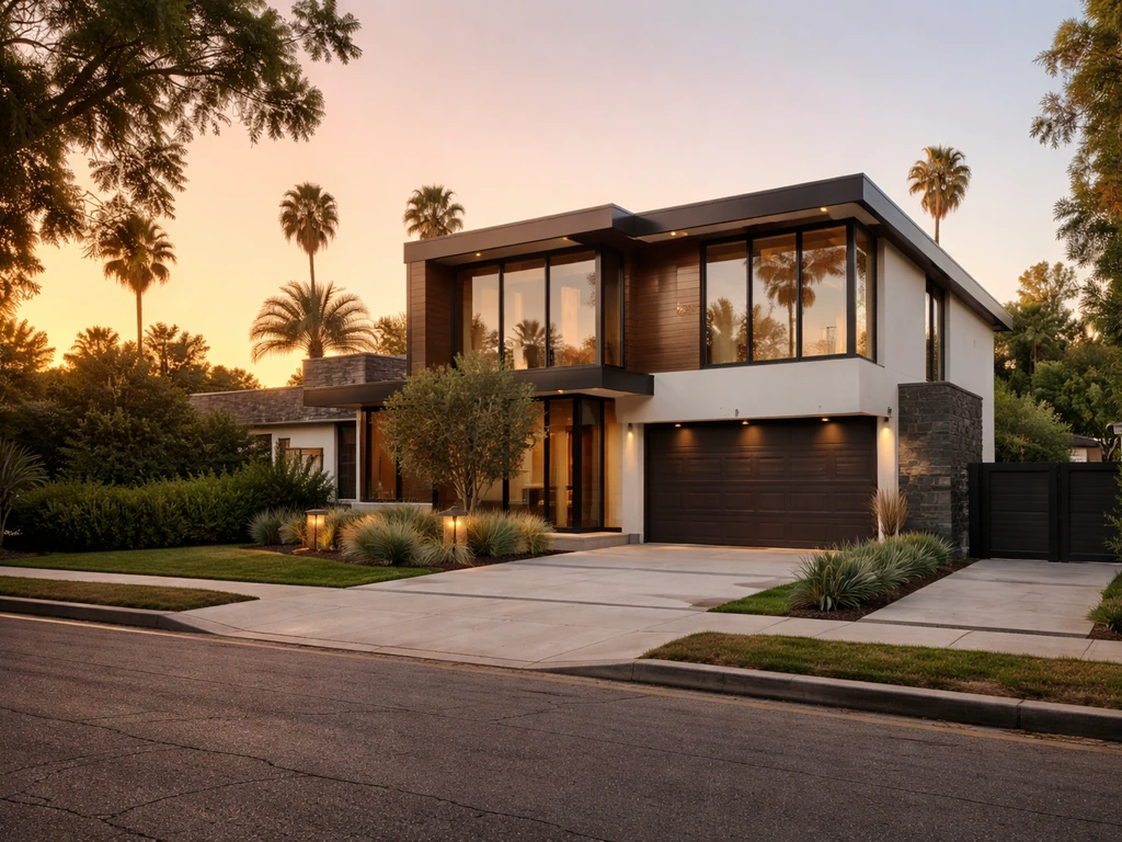 Golden-hour view of a modern Los Angeles home exterior on a quiet street, implying real estate wealth.