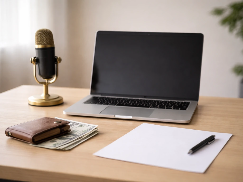 Minimal desk scene with laptop, microphone, cash notes, and blank documentation—symbolic finance verification context.