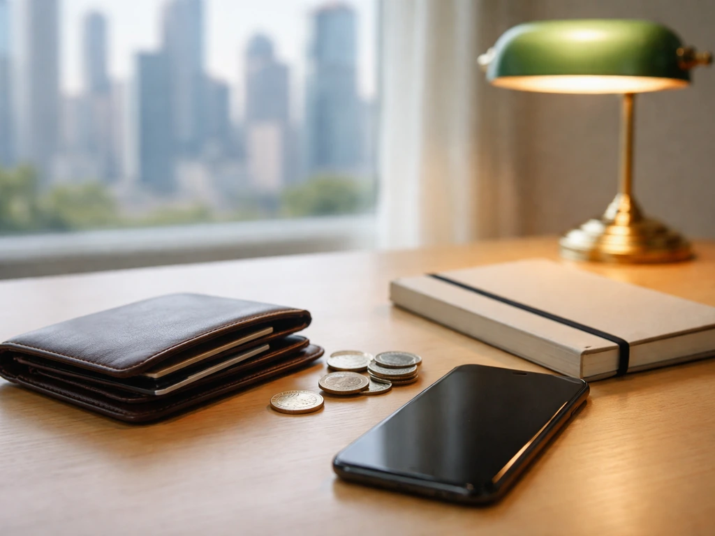 Minimal desk scene with wallet and coins near a phone, suggesting a financial net-worth estimate range concept.