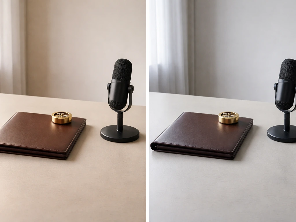 Two simple desk setups side-by-side with luxury items and a microphone, symbolizing differing net-worth ranges.