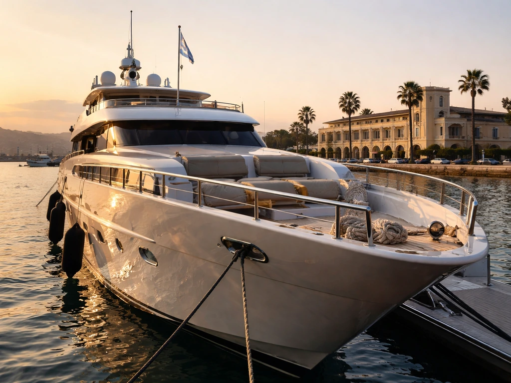 Luxury yacht docked at a modern marina at golden hour, evoking Greek shipping wealth.