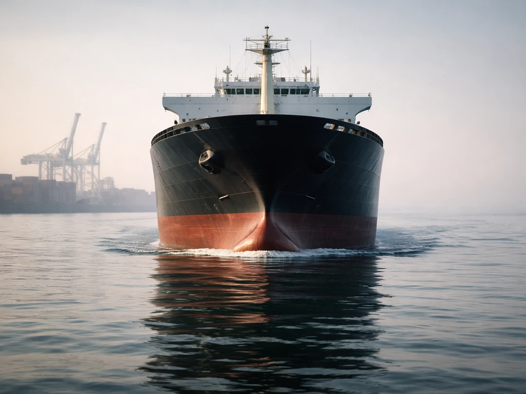 Close-up of a modern cargo ship bow near port cranes, calm sea, conveying shipping wealth and business.