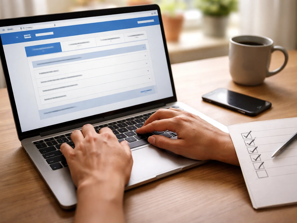 Close-up of hands checking a laptop with a Greek government-style portal page and a simple checklist notations