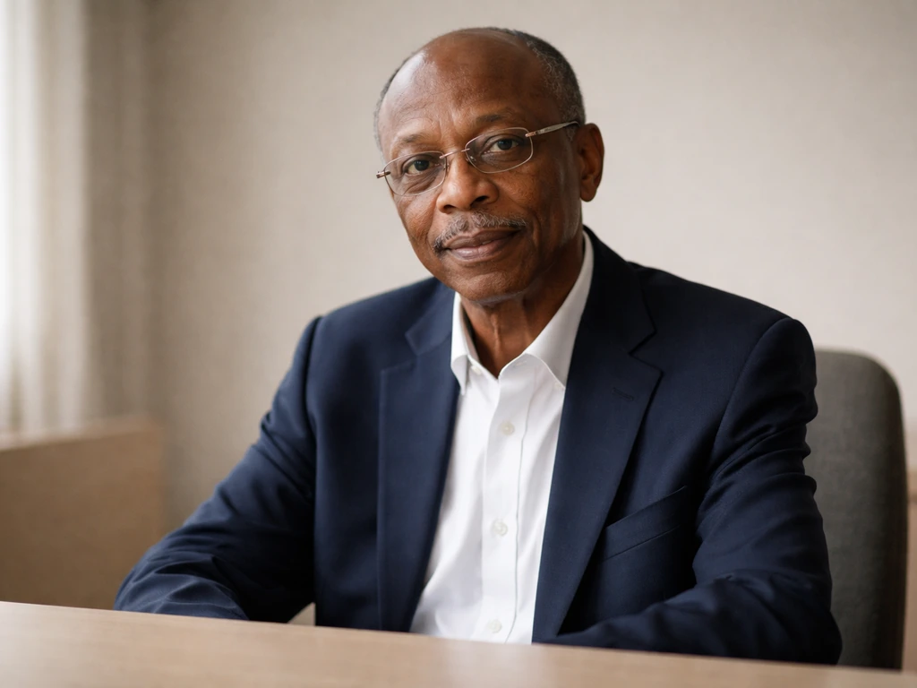 Jean-Bertrand Aristide seated in a simple office setting, facing camera, soft natural light.