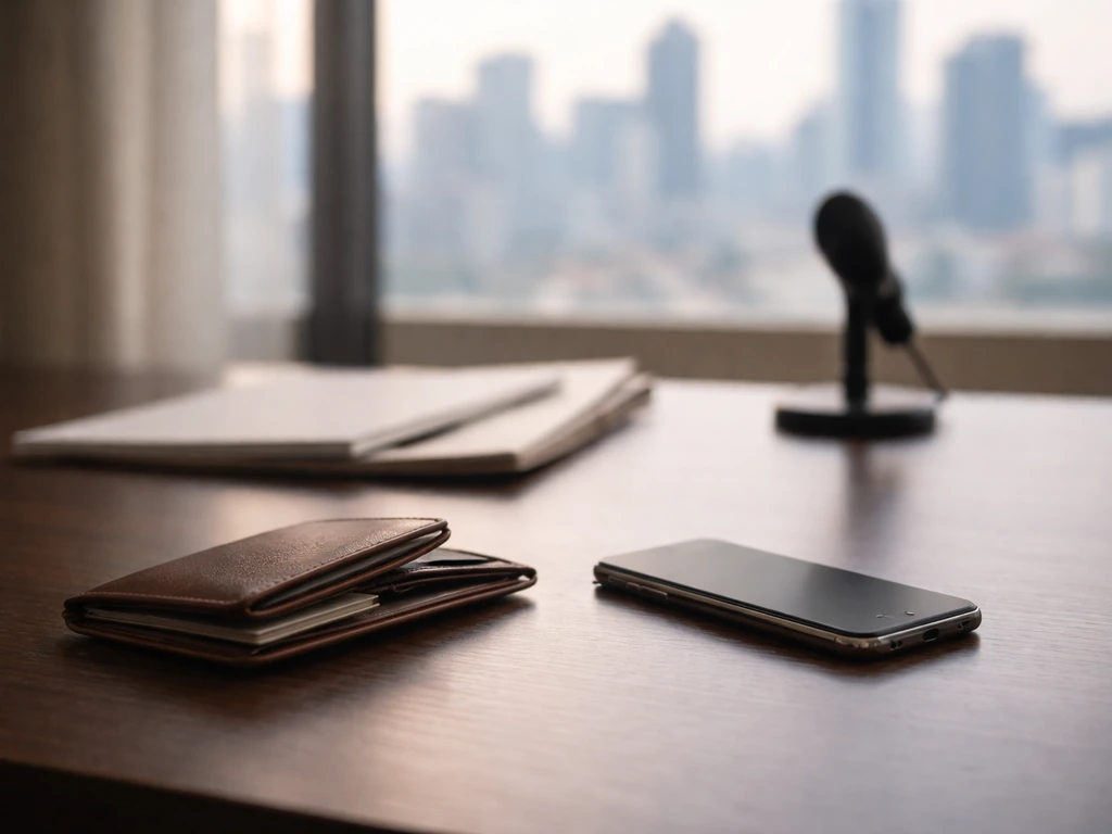 Minimal photo of a tidy desk with a smartphone, wallet, and blurred city skyline, symbolizing competing wealth estimates