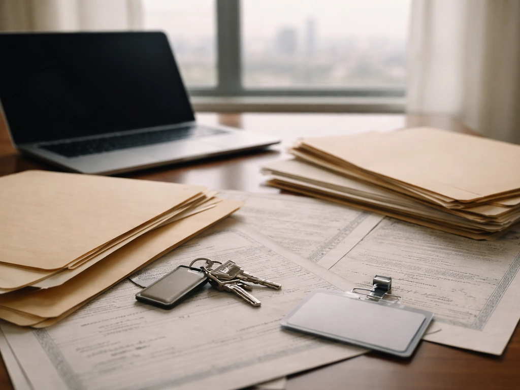 Manila folders and financial paperwork on a desk, with a blurred city skyline hinting at asset controversies